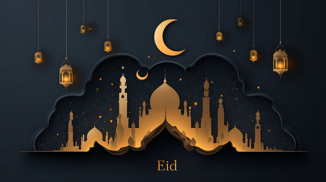 Golden mosque silhouette under crescent moon with hanging lanterns celebration art