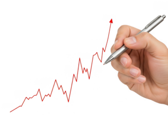 Hand holding a pen drawing a red line graph showing upward trend, isolated on transparent background