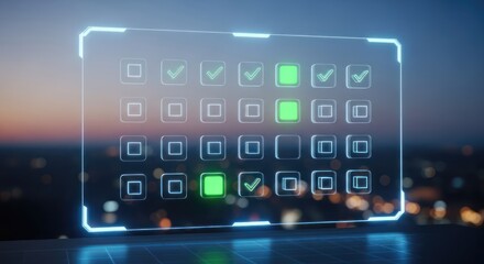 A futuristic digital interface with glowing green checkmarks and a grid layout, set against a blurred cityscape at dusk.