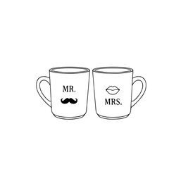 Minimalist Coffee Mugs with Mustache and Lips Line Art, Romantic Couple Gift Illustration for Wedding and Coloring Page