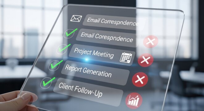 A hand holding a transparent tablet displaying a checklist of business tasks with green checkmarks and red crosses indicating completed and pending tasks.