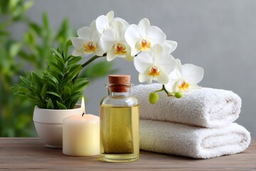 Essential oil bottle with orchids towels and candle