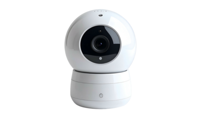 Close-up of a white, spherical security device with a centered lens, set against black