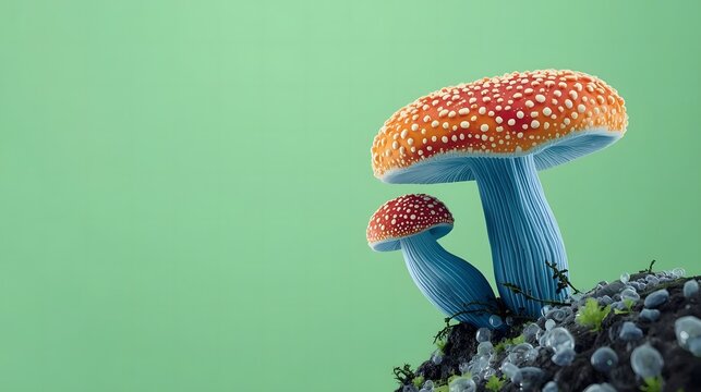 Small orange mushrooms in forest for nature plants and organic growth view