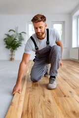 Worker laying new wooden floor planks during house improvement