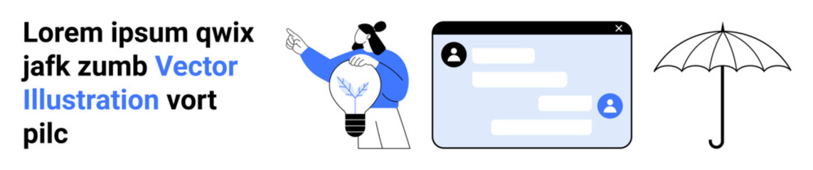 Obraz premium Communication, innovation, protection, brainstorming, digital interface, security. A person presenting ideas, chat screen and umbrella symbol. Innovation and communication with creative visuals