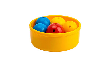 Yellow container holding colorful spheres, a bright, inviting composition against black