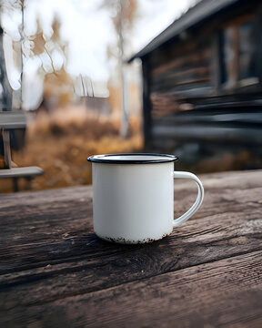White Enamel Mug in Rustic Outdoor Setting