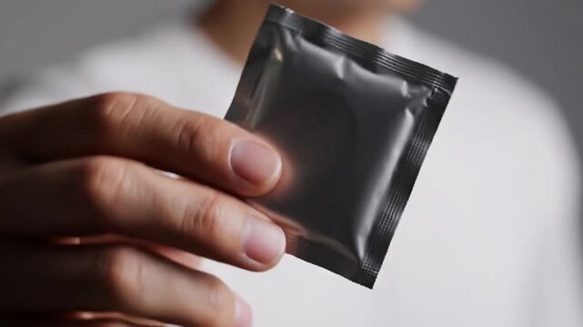 Offering Unopened Condom Person Hand Closeup Product Packaging Concept. Suitable for Sexual Health, Safe Sex, Education and Relationships Communication Resources.