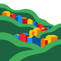 Fototapeta premium Vibrant abstract town of colorful houses nestled in rolling green hills. Flat design minimalist community illustration.