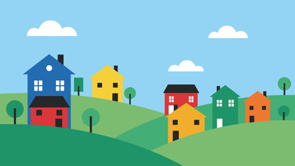Fototapeta premium Minimalist Vector Illustration of a Colorful Neighborhood on Rolling Green Hills. Flat design houses, suburban landscape, real estate banner concept.