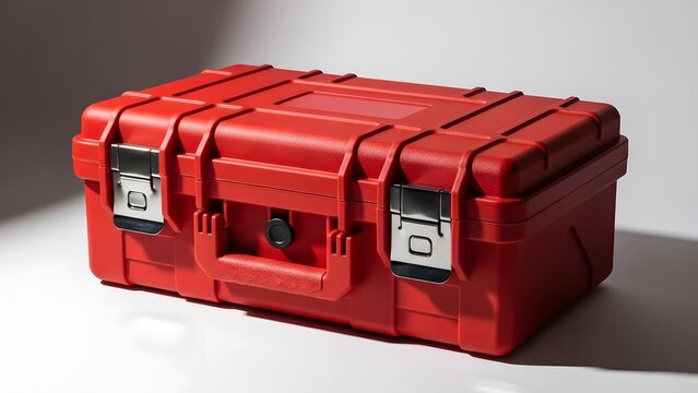 Red toolbox on plain surface, captured from angled viewpoint, showcasing its durable design and secure latches