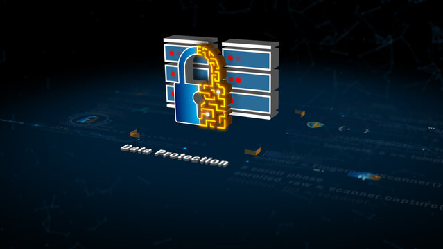 AI data protection system with secure server lock, cybersecurity shield, digital network security technology