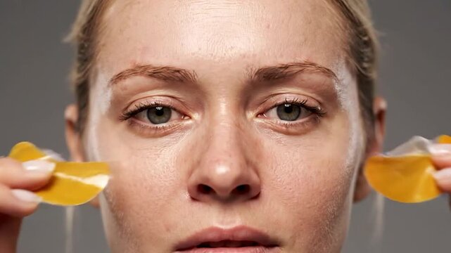 Close-up of person applying under-eye patches for skincare. Focus on the eyes and the patches
