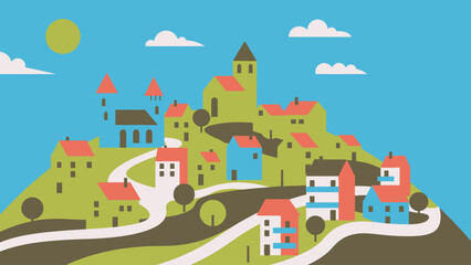 Fototapeta premium Colorful Hillside Town Vector Illustration. Quaint European Village Landscape with Flat Geometric Houses and Church under Sunny Sky.