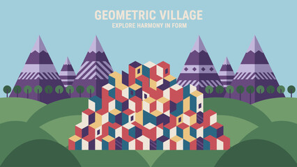 Fototapeta premium Geometric Abstract Village Illustration with Colorful Isometric Cubes, Stylized Mountains, and Flat Design Landscape