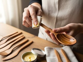 Polishing wooden spoon with wax to preserve its natural texture long lasting