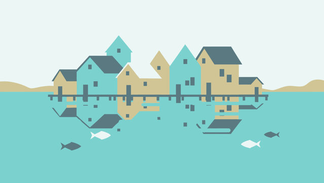 Flat Design Colorful Houses on Stilts Over Water. Waterfront Village Illustration with Reflections and Fish.