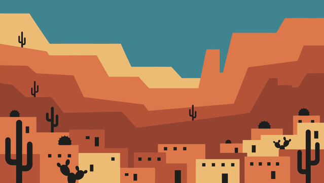 Southwestern Desert Town Flat Design Illustration. Stylized Adobe Buildings, Saguaro Cacti, and Canyon Landscape Background.
