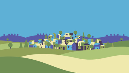 Fototapeta premium Minimalist Flat Design Village Vector Illustration. Colorful Mediterranean Townscape on Rolling Green Hills Landscape.