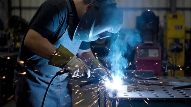Welder works in factory.