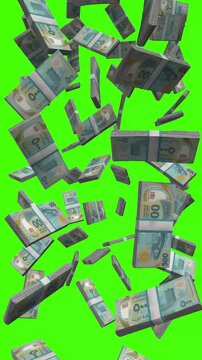Vertical Mauritanian Ouguiya bills falling on chromakey, MRU finance animation