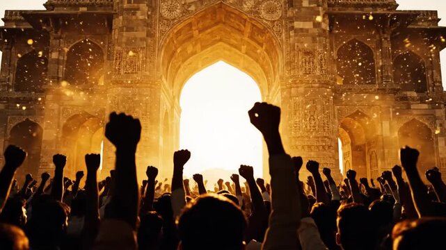 Crowd Raising Fists in Front of Stone Archway with Glowing Light