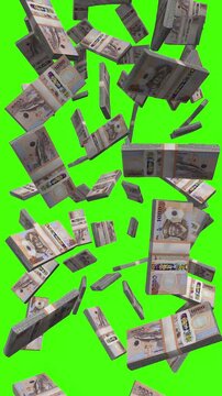 Vertical Bhutanese Ngultrum bills falling on chromakey, BTN finance animation