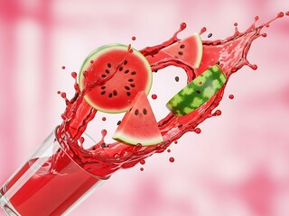 Refreshing splash of watermelon juice with fruit pieces in vivid display