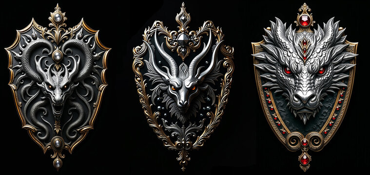 heraldic shield featuring a dragon, chrome, silver, and jewels