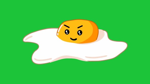 Cute fried egg cartoon character with confident smile on green screen background, funny food mascot animation loop video