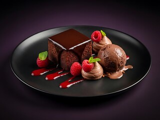 Sophisticated chocolate dessert, featuring decadent brownie and ice cream scoops