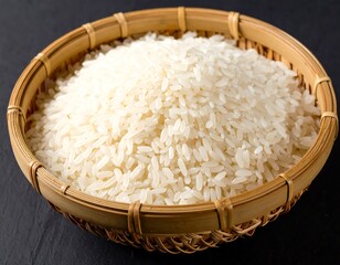 Rice grains densely fill a woven basket against a dark, textured surface; bright, neutral lighting emphasizes detail