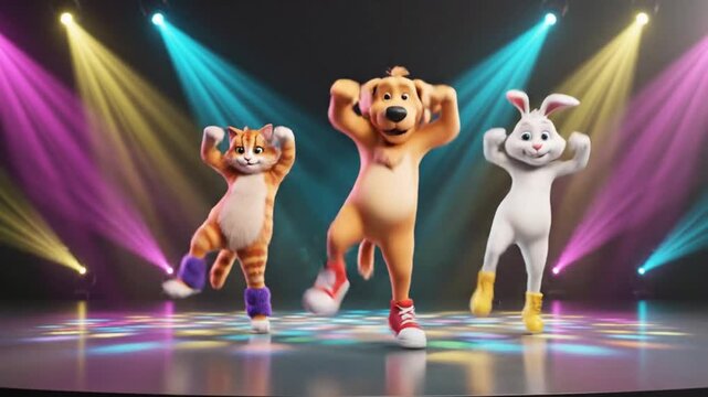 Animated Dog Cat and Rabbit Dancing Happily Under Colorful Stage Lights