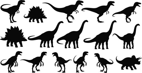 Collection of diverse black dinosaur silhouettes featuring tyrannosaurus rex, stegosaurus and diplodocus isolated on white background, suitable for jurassic era history vector illustration designs. © Austomi's World