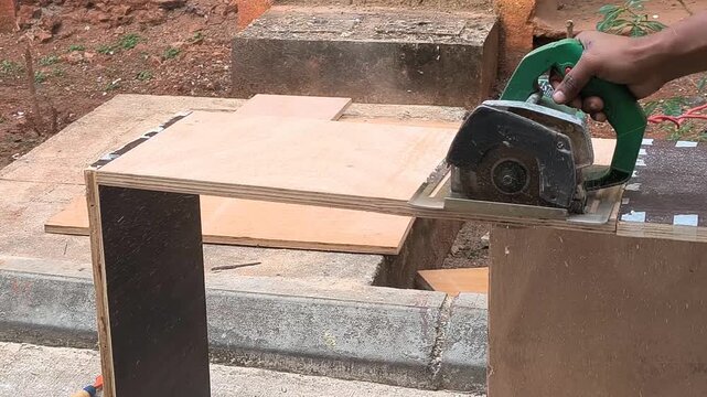 Industrial footage shows plywood sheets being cut accurately for furniture and construction use. The visual represents woodworking production, craftsmanship, and factory workflow efficiency.
