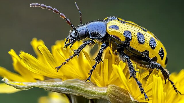 Vibrant beetle explorations on a yellow flower in natural macro perspective