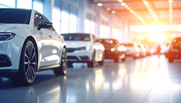 Modern car dealer showroom sunlight, glossy floors and new vehicles create a welcoming, bright, and professional business environment for customers and automotive sales.