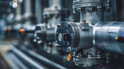 Obraz premium Industrial scene shows metallic pipes and fittings in a factory setting, highlighting machinery and equipment in operation
