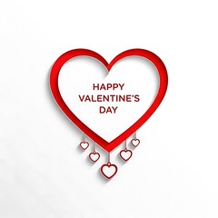 Clean Red Heart Outline Design with "Happy Valentine's Day" Inscription and Hanging Smaller Hearts on a Bright White Background