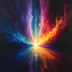 Radiant light bursts forth in hues of the rainbow, streaking through the dark in a vibrant abstract explosion
