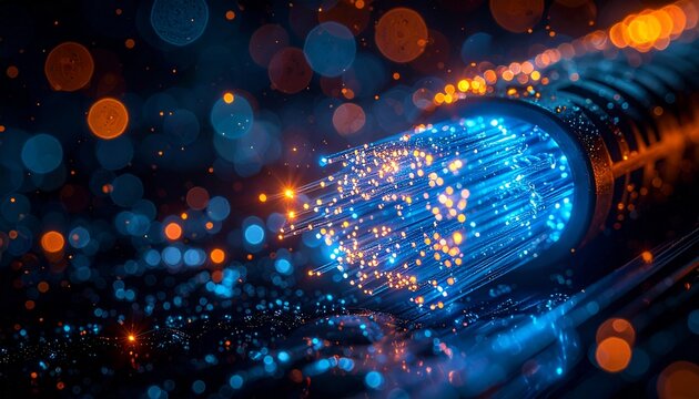 Close-up detail of illuminated fiber optic cable tips representing high-speed internet connectivity, global telecommunication, and fast data transfer.