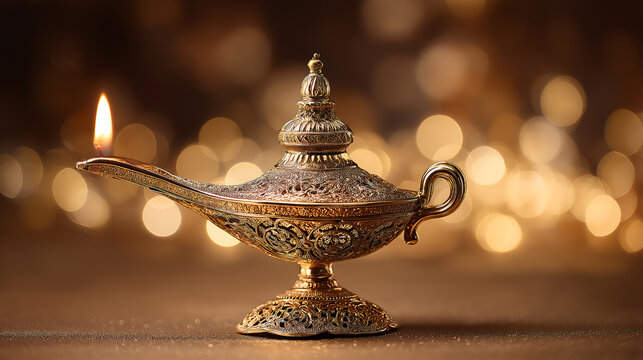 Ornate golden aladdin lamp illuminated against a bokeh background of lights