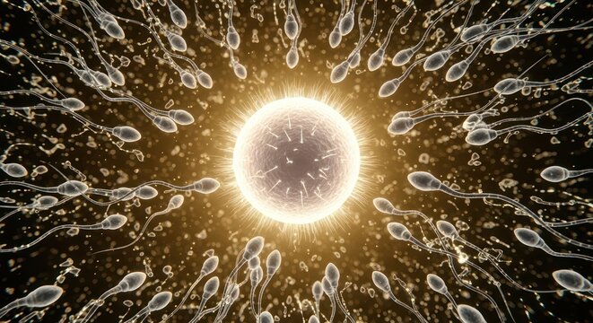 Microscopic Fertilization: A depiction of human reproduction with sperm cells approaching an ovum