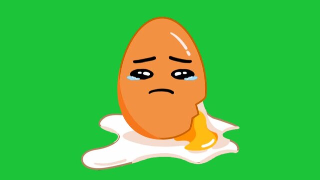 Sad broken egg cartoon with crying face and spilled yolk on green screen. Cute food animation isolated background loop