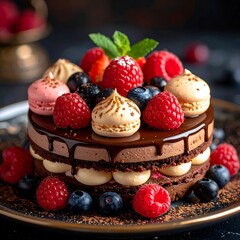 Rich chocolate layered cake with fresh berries and macarons, decorated with cocoa, stands on an ornate plate