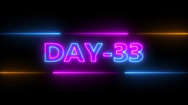 Glowing neon text day 33 inside a horizontal banner on black background. Neon 33 Day Text icon Animation Videos. Display day 33 text animation.4k video.