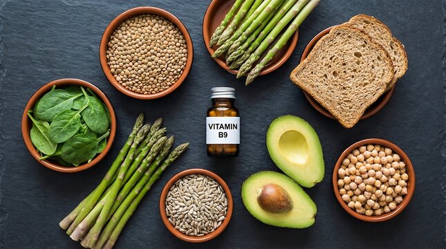 Vitamin B6 Supplement Bottle with Healthy Food Sources on Dark Background