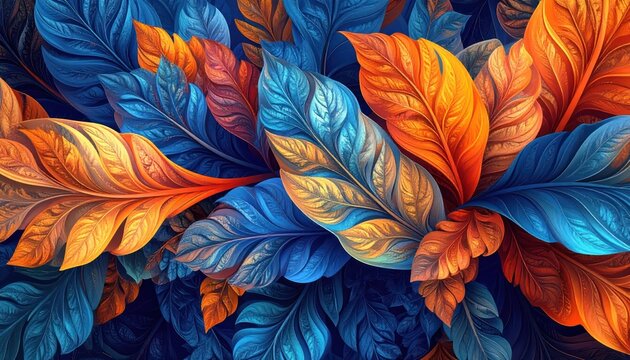 Vibrant blue and orange leaves with intricate vein patterns