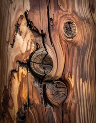Rich, close-up view of weathered wood grain with distinctive knots and cracks, showcasing texture and natural patterns
